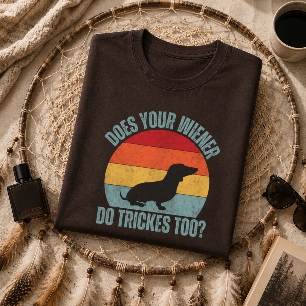 Funny Dachshund Wiener Dog Shirt, Retro Sausage Dog Graphic Tee, Does Your Wiener Do Tricks Too Shirt, Vintage Unisex Gift