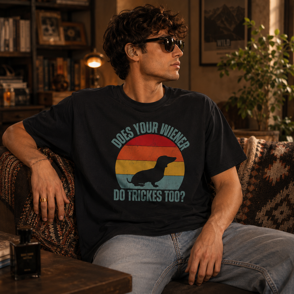 Funny Dachshund Wiener Dog Shirt, Retro Sausage Dog Graphic Tee, Does Your Wiener Do Tricks Too Shirt, Vintage Unisex Gift