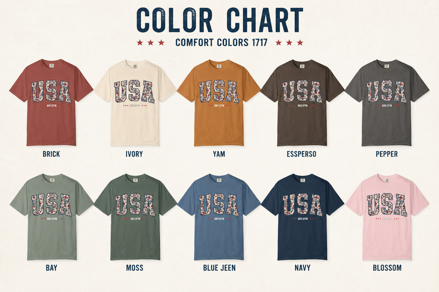 Floral USA Graphic Tee, Vintage Americana Comfort Colors Shirt, Retro Patriotic EST.1776