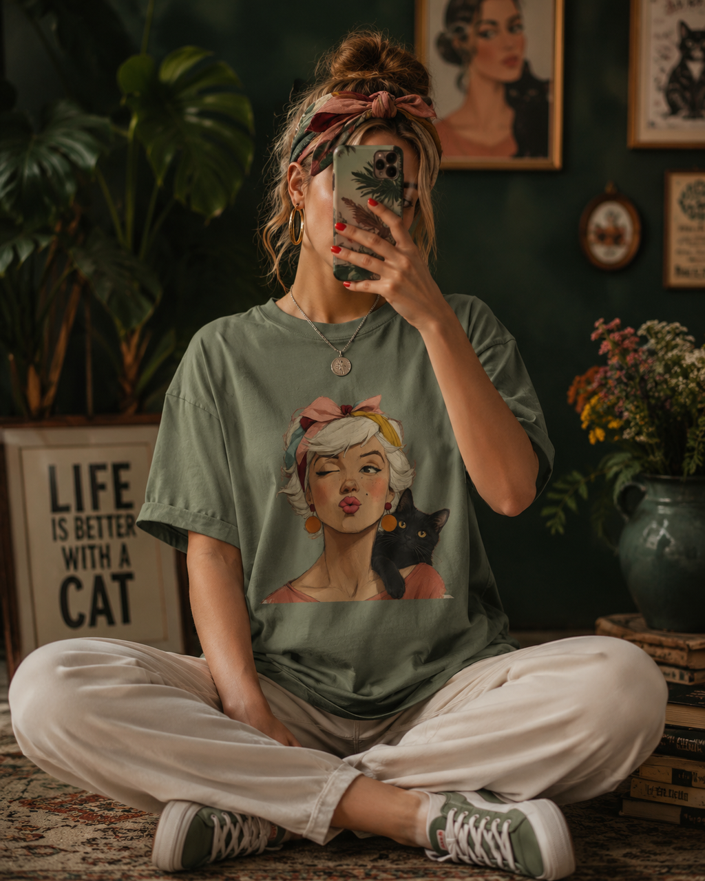 Vintage Black Cat Woman Graphic Tee, Retro Feline Lover Shirt