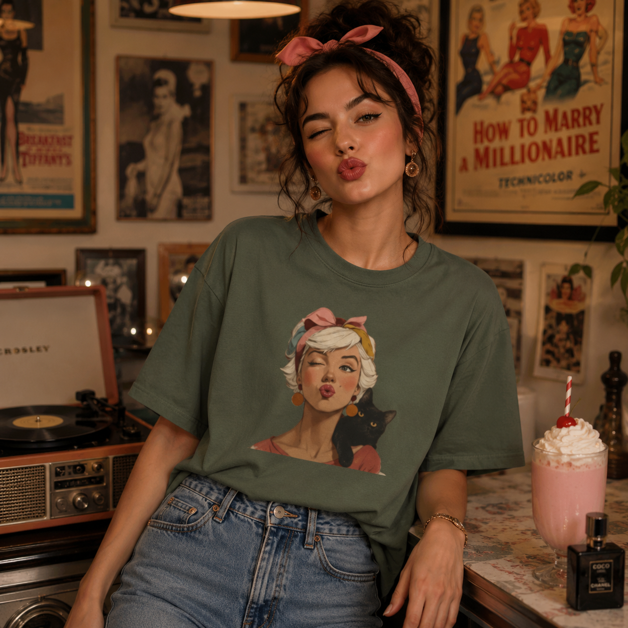 Vintage Black Cat Woman Graphic Tee, Retro Feline Lover Shirt