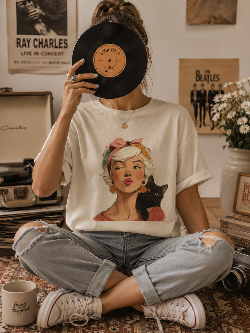 Vintage Black Cat Woman Graphic Tee, Retro Feline Lover Shirt