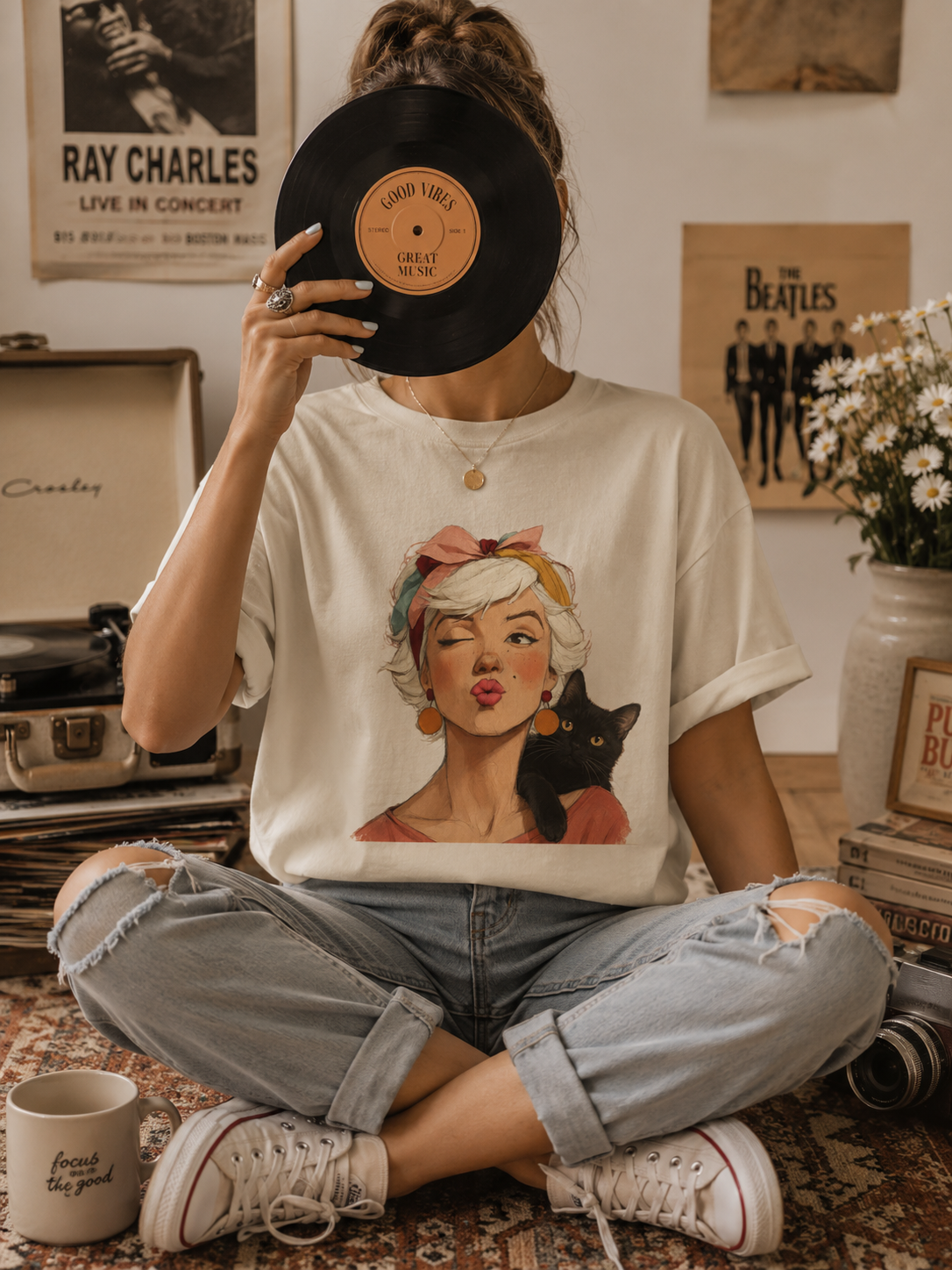 Vintage Black Cat Woman Graphic Tee, Retro Feline Lover Shirt