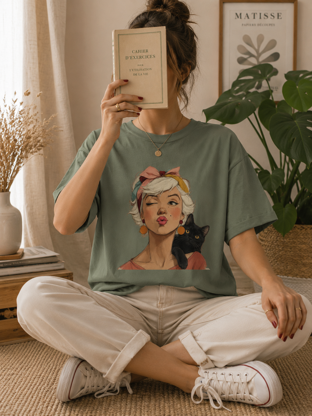 Vintage Black Cat Woman Graphic Tee, Retro Feline Lover Shirt