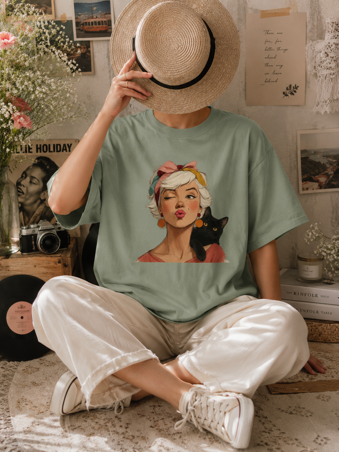 Vintage Black Cat Woman Graphic Tee, Retro Feline Lover Shirt