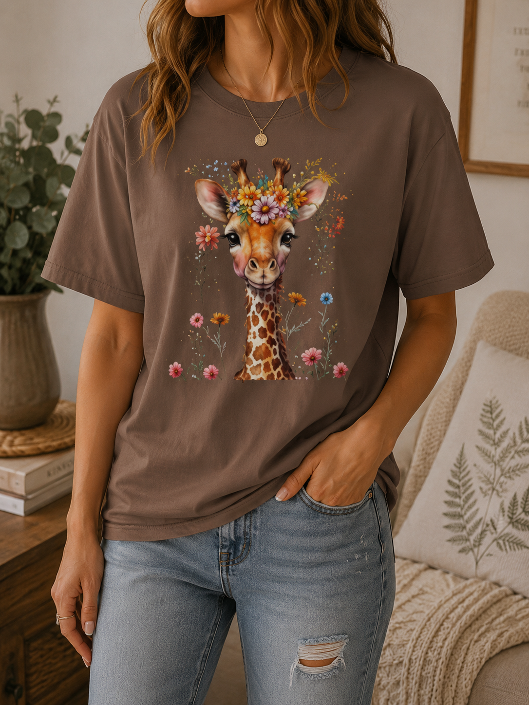 Giraffe Floral Graphic Tee, Comfort Colors® Safari T-Shirt, Cottagecore Animal Top