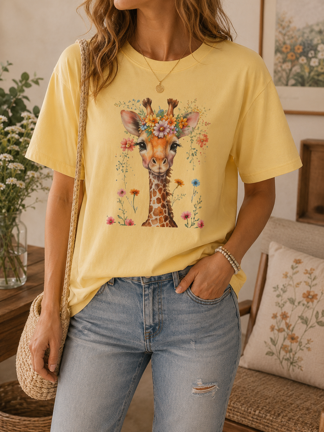 Giraffe Floral Graphic Tee, Comfort Colors® Safari T-Shirt, Cottagecore Animal Top