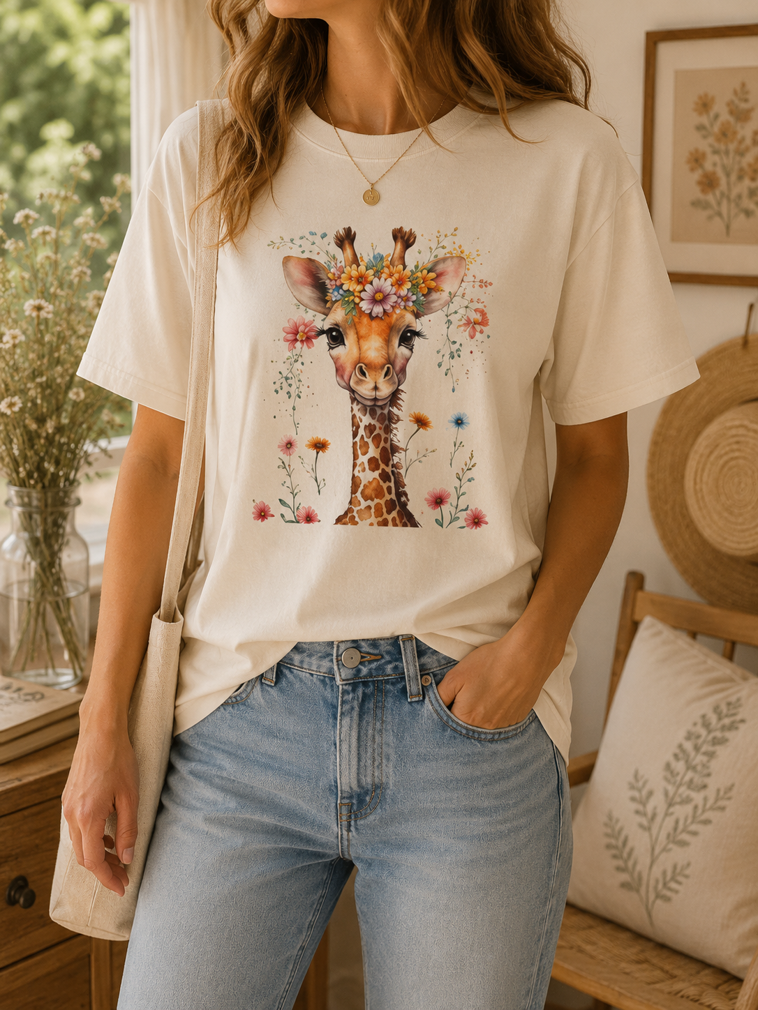 Giraffe Floral Graphic Tee, Comfort Colors® Safari T-Shirt, Cottagecore Animal Top