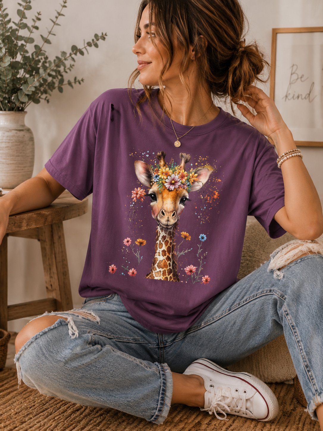 Giraffe Floral Graphic Tee, Comfort Colors® Safari T-Shirt, Cottagecore Animal Top