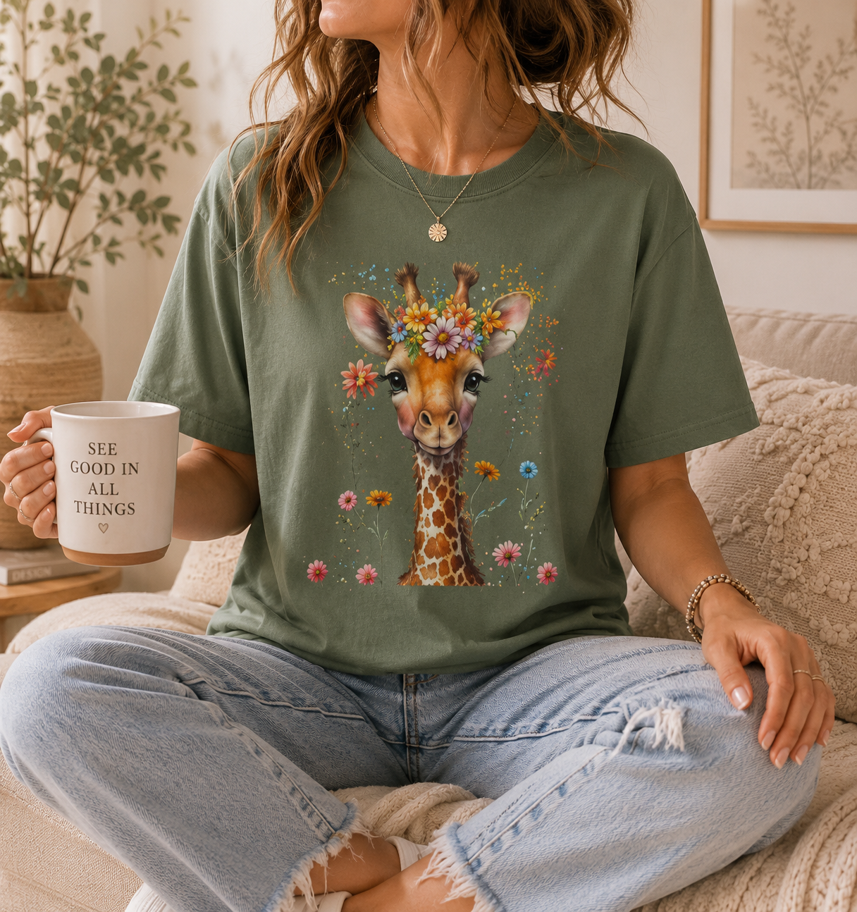 Giraffe Floral Graphic Tee, Comfort Colors® Safari T-Shirt, Cottagecore Animal Top