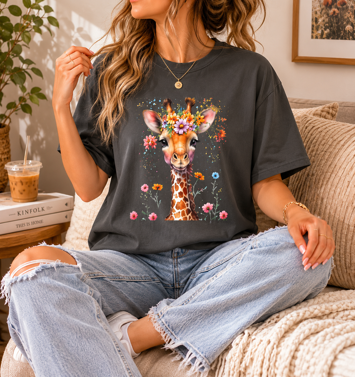 Giraffe Floral Graphic Tee, Comfort Colors® Safari T-Shirt, Cottagecore Animal Top