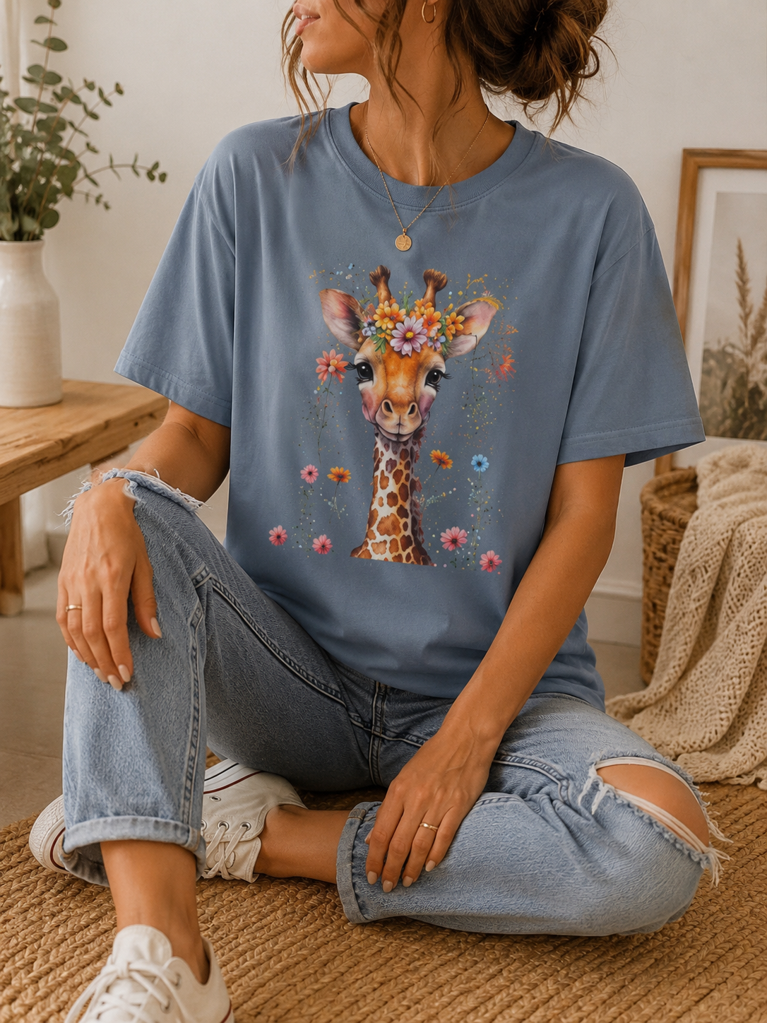 Giraffe Floral Graphic Tee, Comfort Colors® Safari T-Shirt, Cottagecore Animal Top