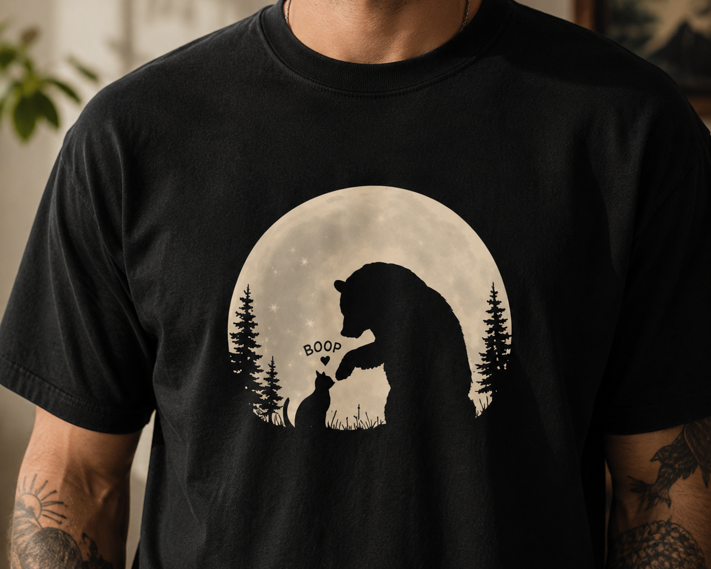 Bear and Cat Moon T-Shirt, Woodland Animals Graphic Tee, Cottagecore Comfort Colors Shirt