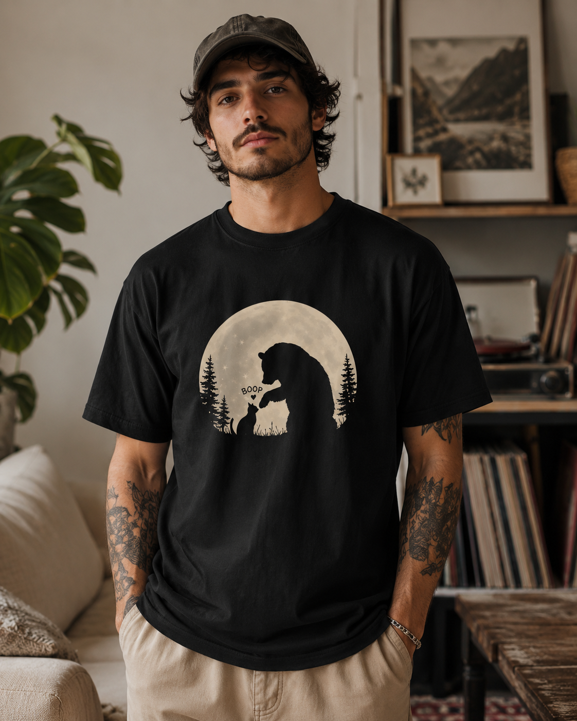 Bear and Cat Moon T-Shirt, Woodland Animals Graphic Tee, Cottagecore Comfort Colors Shirt