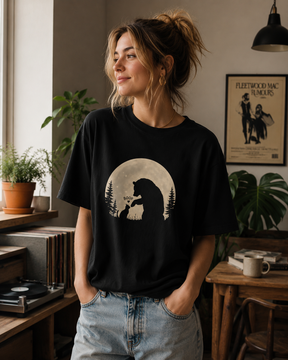 Bear and Cat Moon T-Shirt, Woodland Animals Graphic Tee, Cottagecore Comfort Colors Shirt