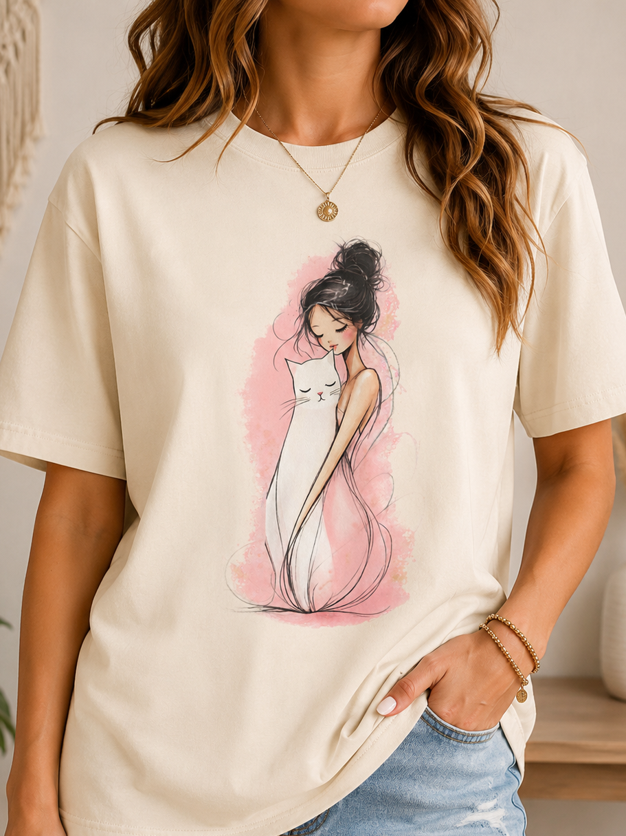 Girl Hugging Cat Shirt, Watercolor Illustration Tee, Comfort Colors 1717 Cat Lover