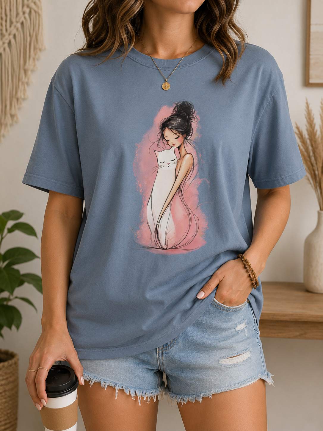 Girl Hugging Cat Shirt, Watercolor Illustration Tee, Comfort Colors 1717 Cat Lover