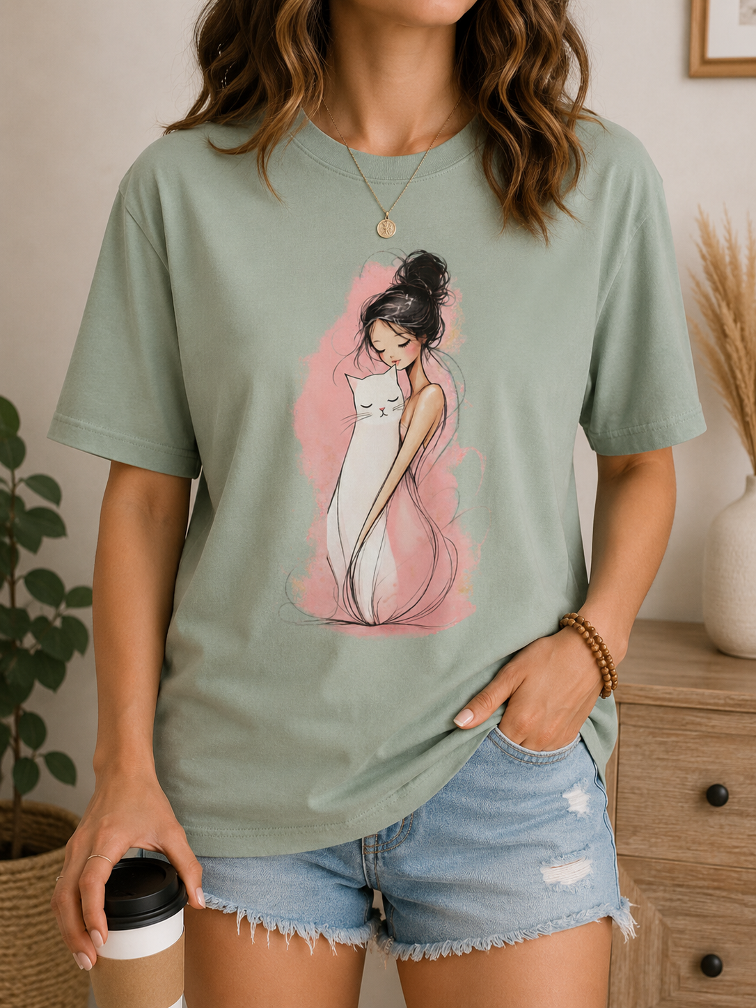 Girl Hugging Cat Shirt, Watercolor Illustration Tee, Comfort Colors 1717 Cat Lover