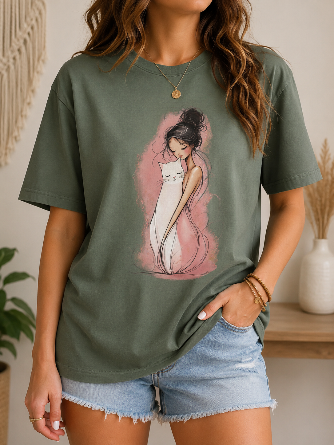 Girl Hugging Cat Shirt, Watercolor Illustration Tee, Comfort Colors 1717 Cat Lover