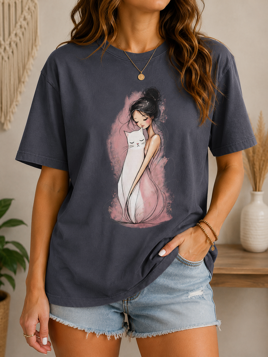 Girl Hugging Cat Shirt, Watercolor Illustration Tee, Comfort Colors 1717 Cat Lover