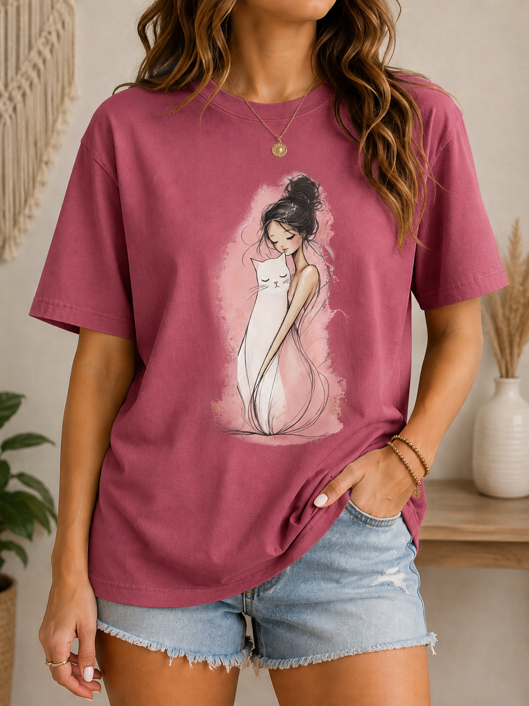 Girl Hugging Cat Shirt, Watercolor Illustration Tee, Comfort Colors 1717 Cat Lover