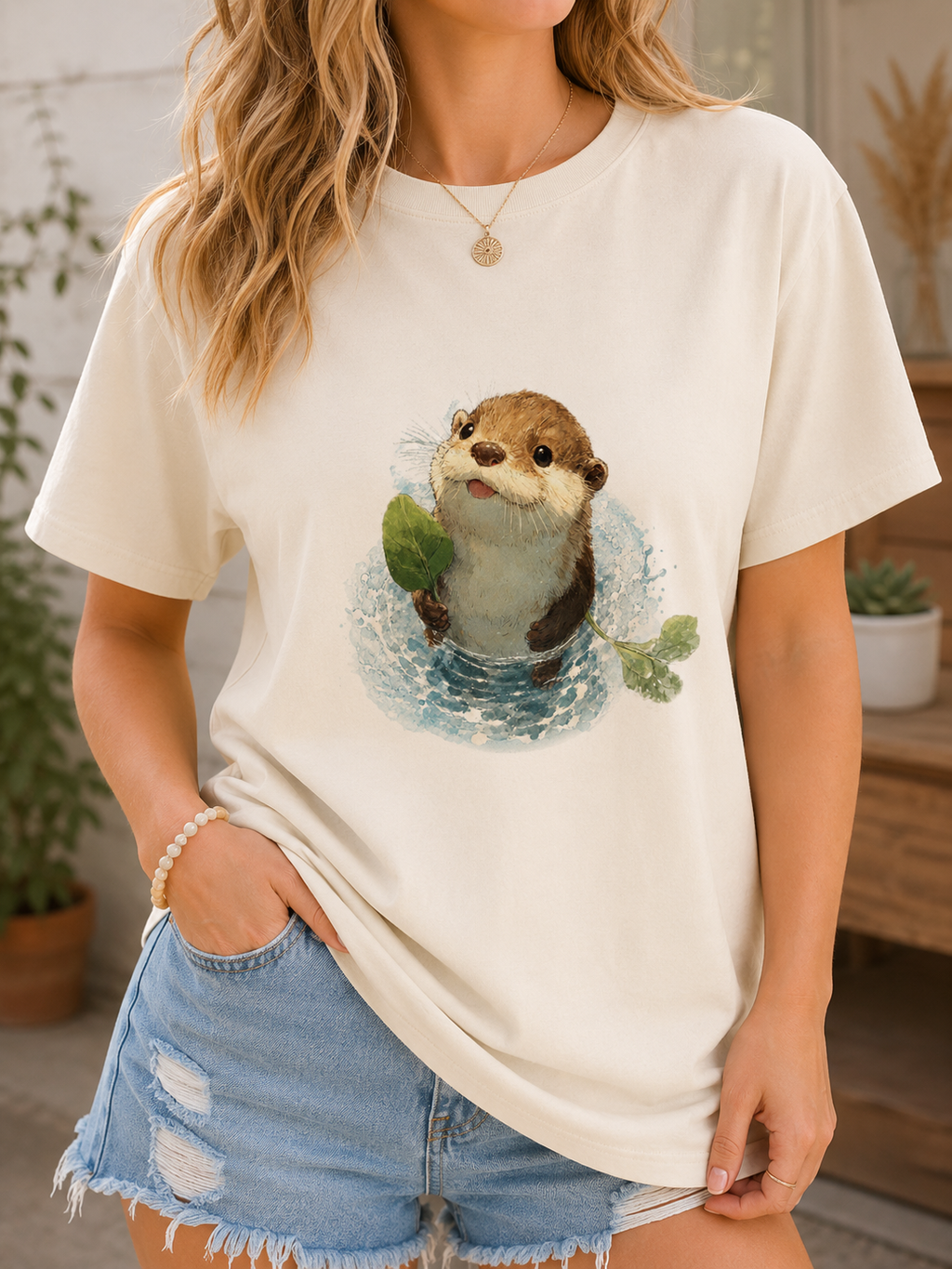 Playful Otter Leaf Watercolor T-Shirt | Garment-Dyed Whimsy Tee