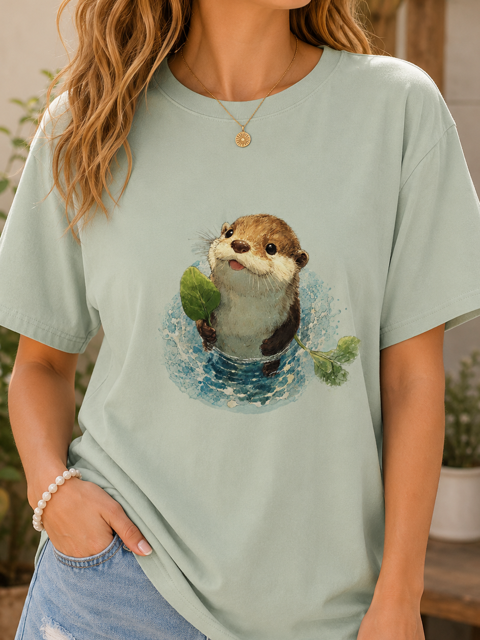 Playful Otter Leaf Watercolor T-Shirt | Garment-Dyed Whimsy Tee