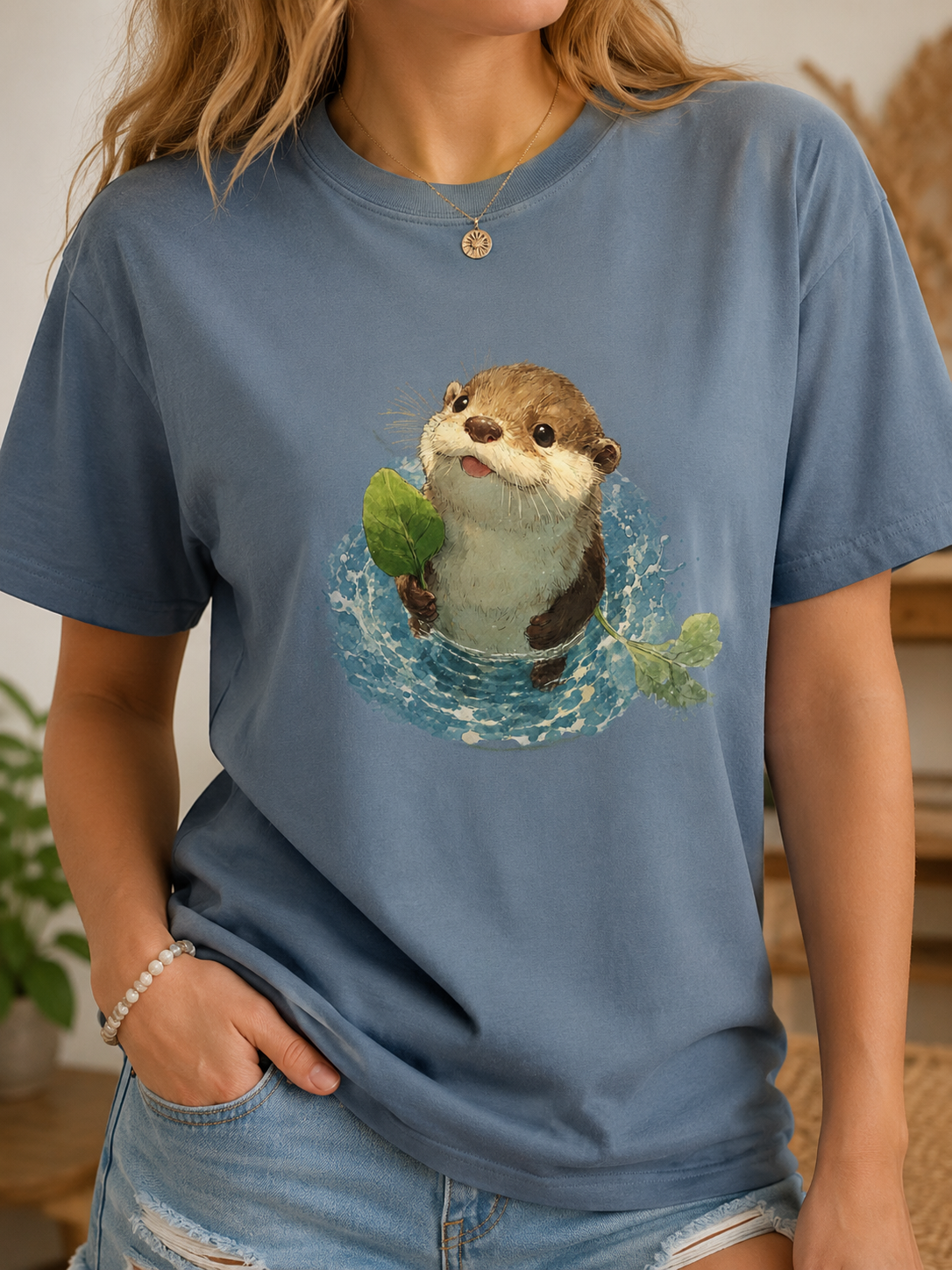 Playful Otter Leaf Watercolor T-Shirt | Garment-Dyed Whimsy Tee