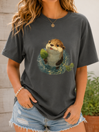 Playful Otter Leaf Watercolor T-Shirt | Garment-Dyed Whimsy Tee