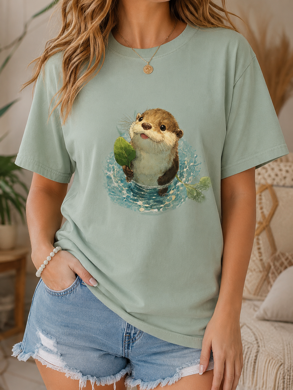 Playful Otter Leaf Watercolor T-Shirt | Garment-Dyed Whimsy Tee
