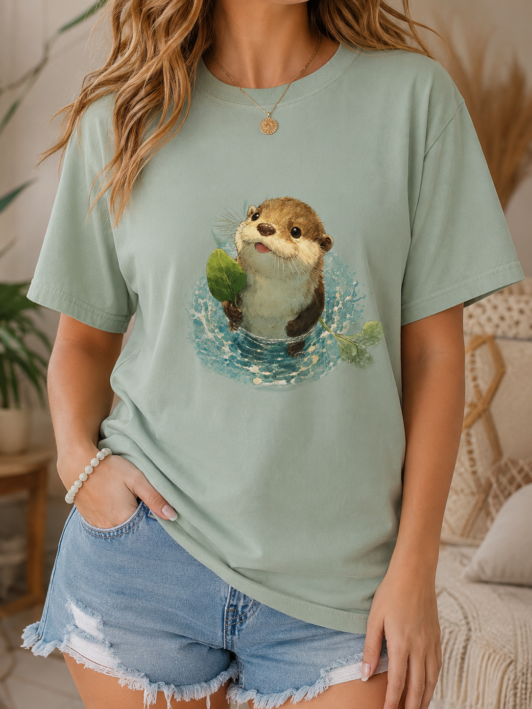 Playful Otter Leaf Watercolor T-Shirt | Garment-Dyed Whimsy Tee