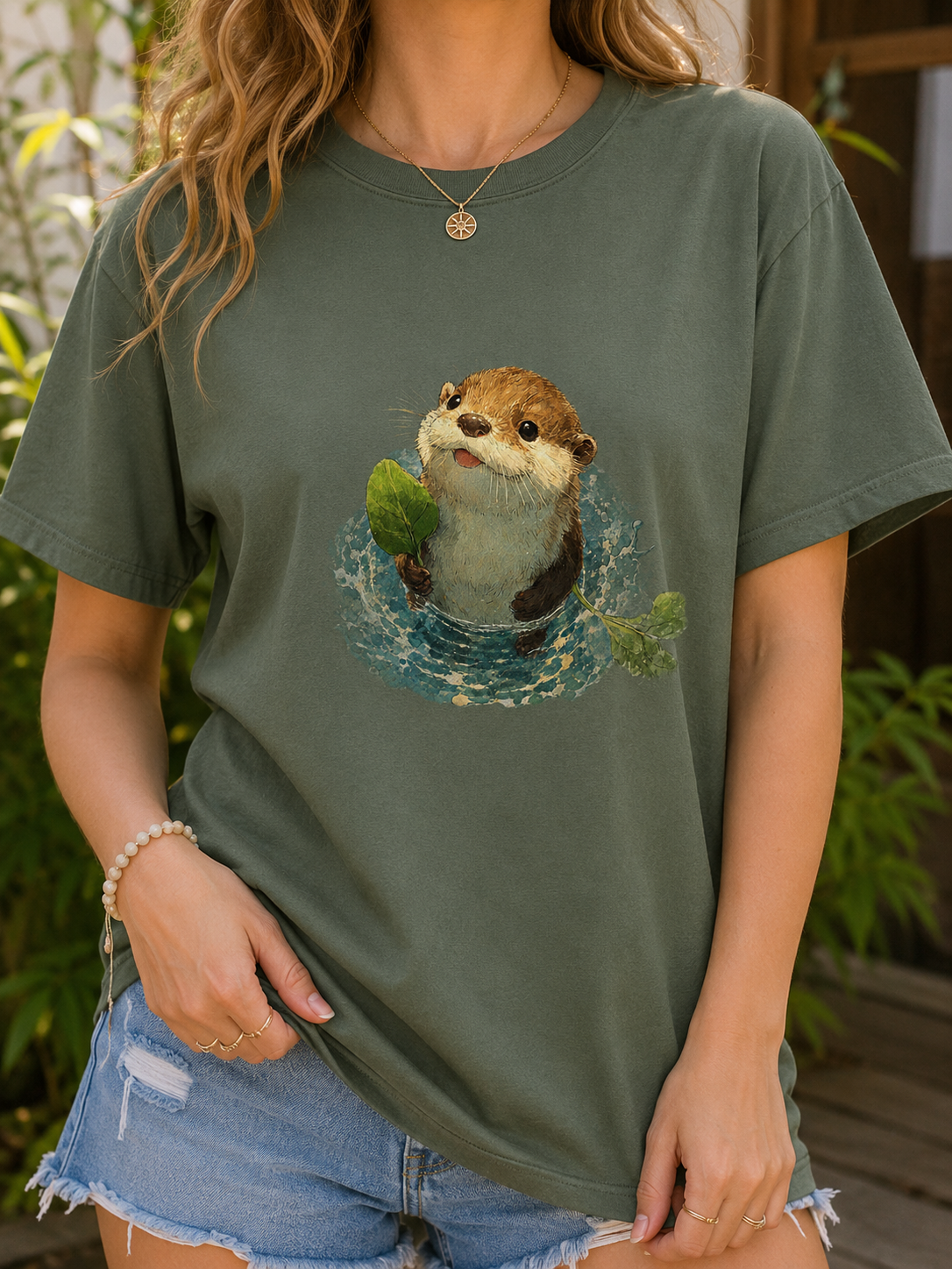 Playful Otter Leaf Watercolor T-Shirt | Garment-Dyed Whimsy Tee